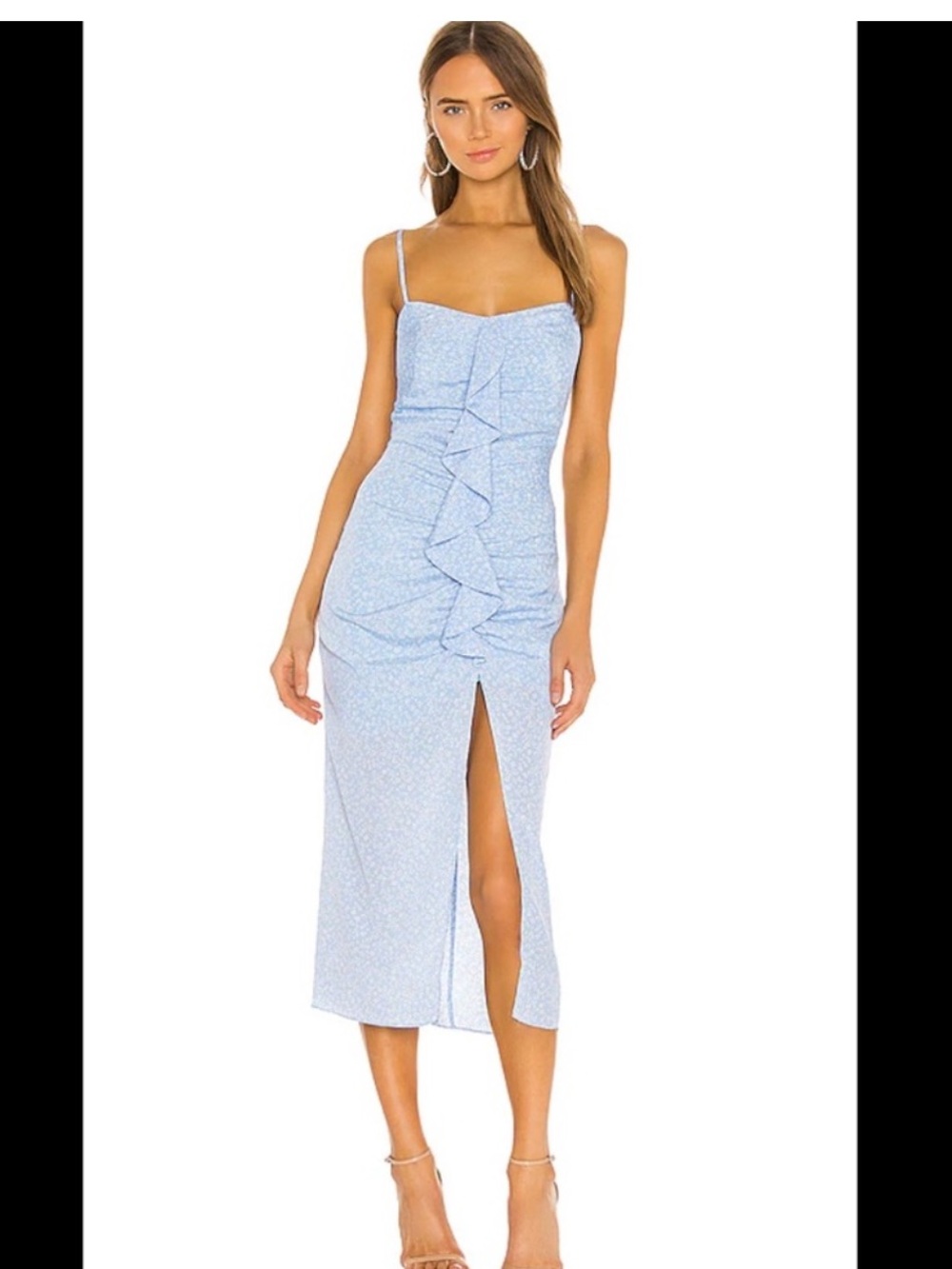 Likely Pale Blue Ruffle-Front Midi Dress with Slit